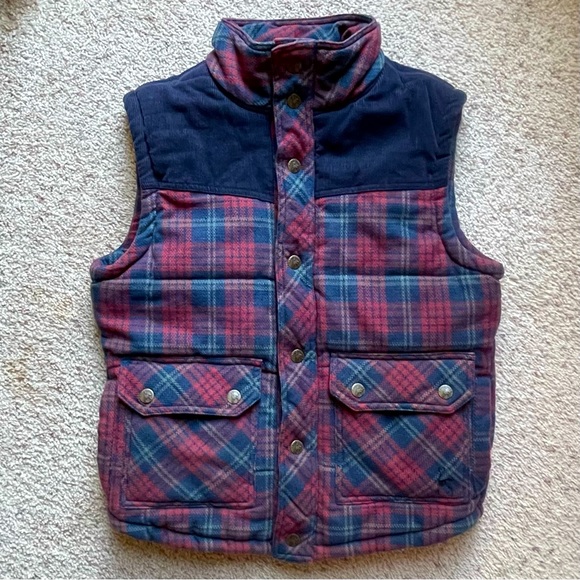 Kane & Unke Plaid Quilted Corduroy Vest Size Medium Navy Blue Burgundy Red - Picture 11 of 11